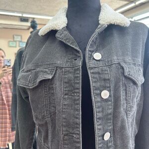 SHEIN Gray Corduroy Jacket with White Sherpa Collar